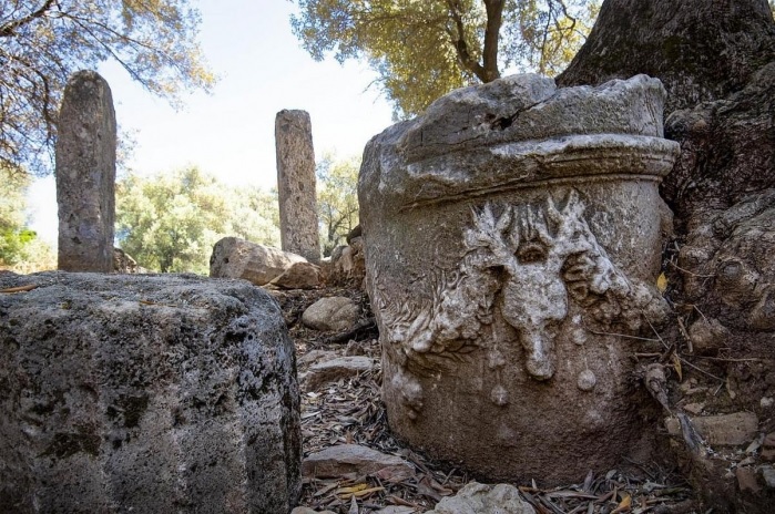 Kedrai Antik Kenti'nde Apollon Tapınağı. Sütunun üstünde yer alan boynuzlu geyik kabartması ise adak için mi tercih edilen hayvan olarak mı algılanmalı, yoksa tapınağı korumak için mi yapılmış; veri olmayınca tahminden öteye gidilemiyor.